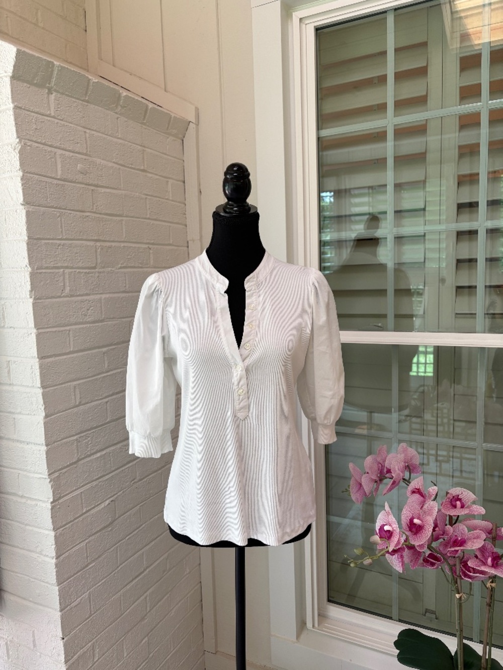 Veronica Beard Coralee Ribbed Stretch-Cotton Top - White Size M - Picture 2 of 5